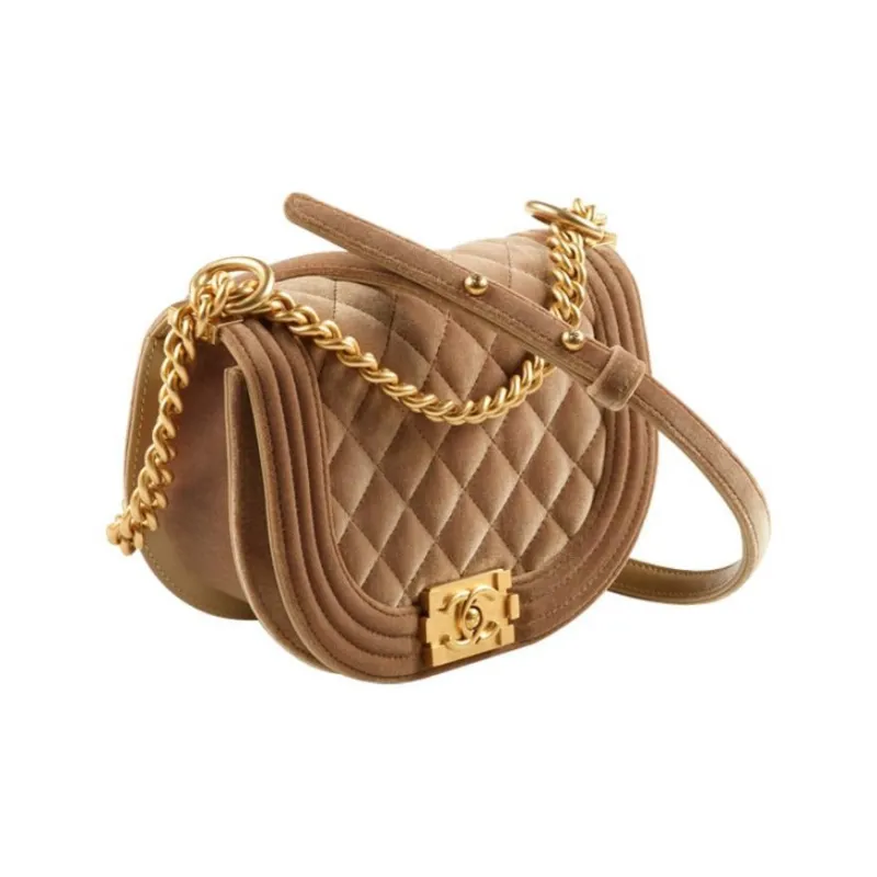 CHANEL Velvet And Gold Toned Metal Messenger Bag, Crossbody Bag Trumpets Women's Beige-2