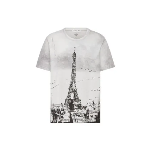 DIOR Paris Eiffel Tower Print Crew Neck Short-Sleeved T-Shirt Women's White