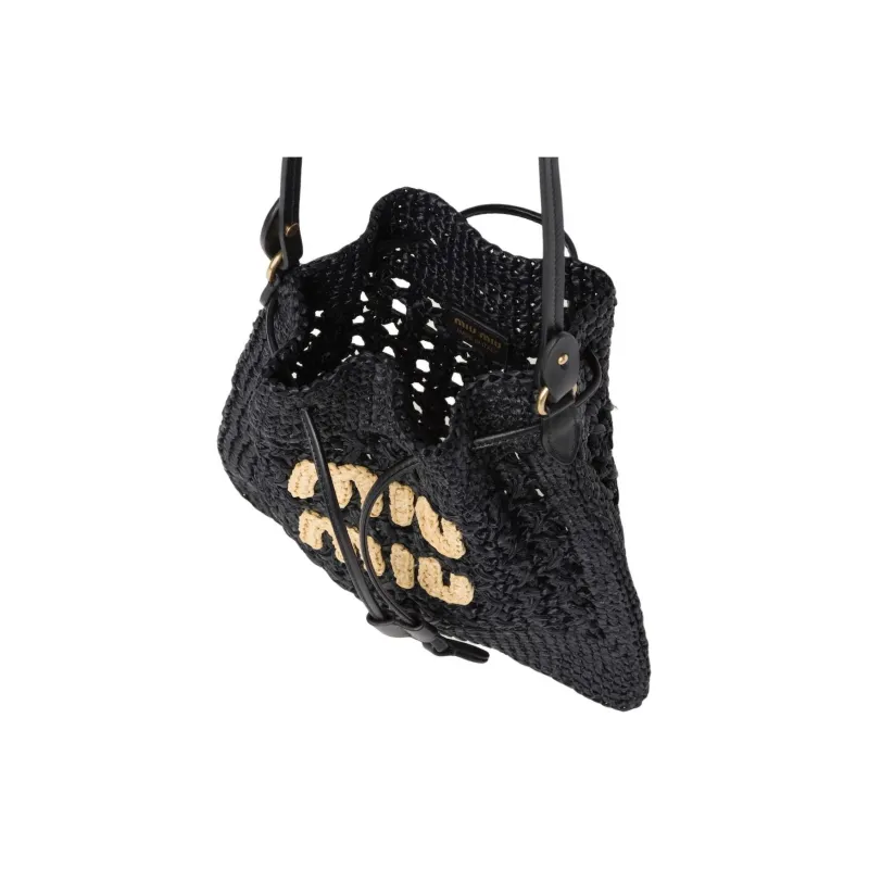 MIU MIU Woven Fabric With Raffia And Leather Handbag, Shoulder Bag Unisex Black-2