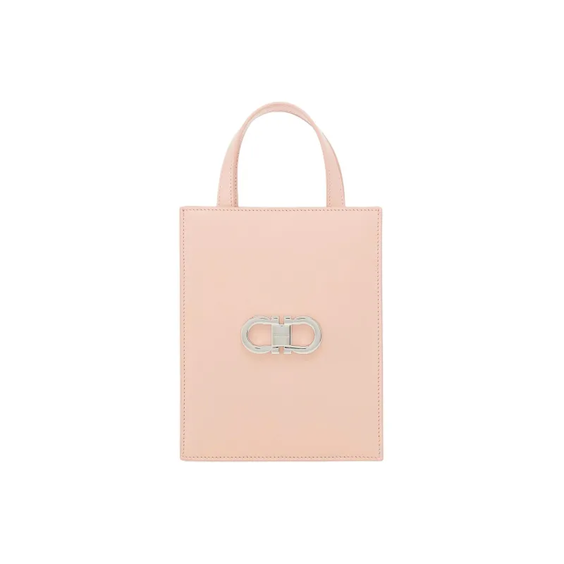 FERRAGAMO GANCINI Palm Calfskin Tote Bag, Shopping Bag, Handbag Mini Women's Pink & Bright White-0