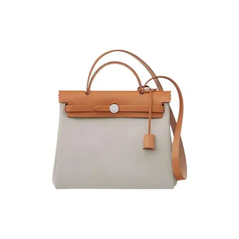 HERMES Herbag Canvas With Hunter Cow Leather One Shoulder Handbag Crossbody Bag Women's Orange