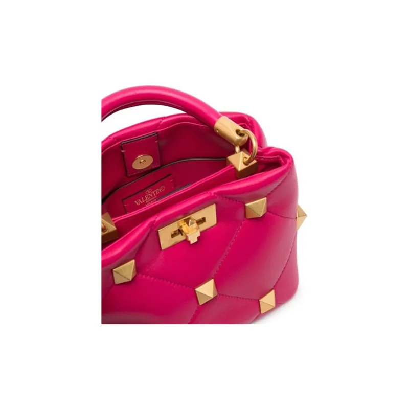 Valentino Roman Stud Leather Shoulder Bag Crossbody Bag Handbag Small Size Women's Fuchsia-3