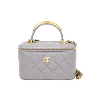 CHANEL Sheepskin Box Bag Makeup Box Handbag Crossbody Bag With Mirror Women's Gray