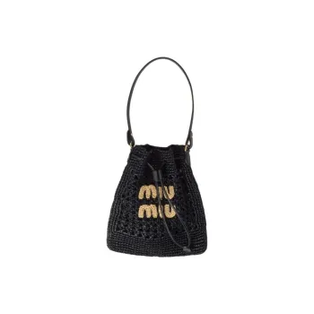 MIU MIU Woven Fabric With Raffia And Leather Handbag, Shoulder Bag Unisex Black