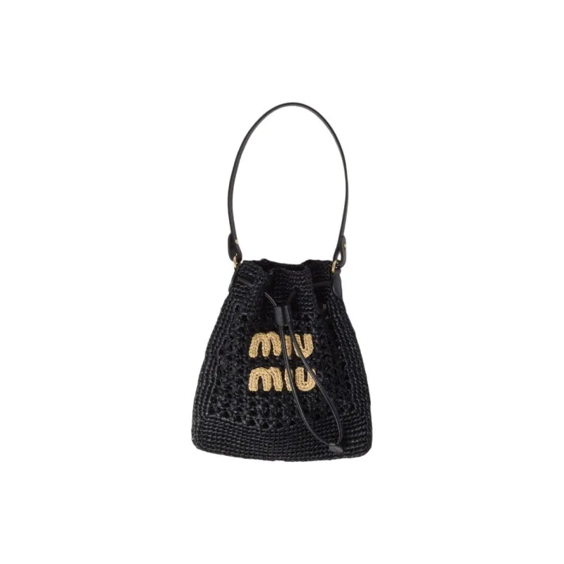 MIU MIU Woven Fabric With Raffia And Leather Handbag, Shoulder Bag Unisex Black-0