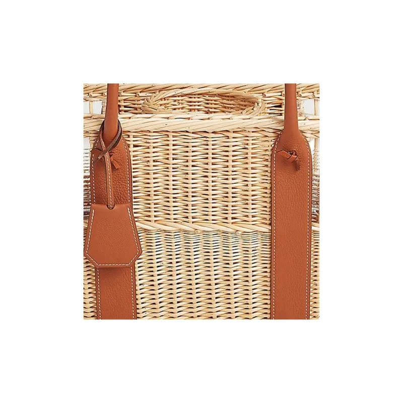 HERMES Wicker With Smooth Taurillon Leather Basket Handbag Women's Natural-3