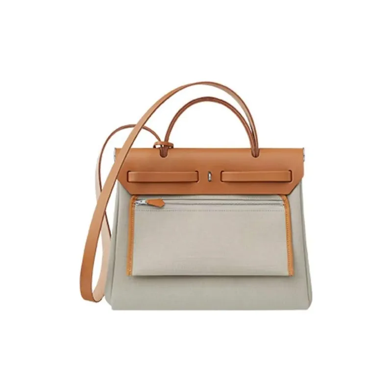 HERMES Herbag Zip Canvas With Hunter Cow Leather One Shoulder Handbag, Crossbody Bag Women's Orange-3