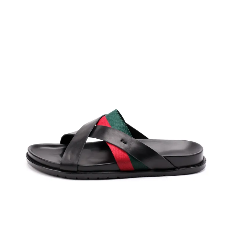 Brounvanm Slip Resistant Slide Slippers Men's Red Green Woven-0