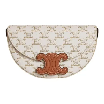 CELINE BesaceTriomphe Canvas-paneled Calfskin Trim Saddle Bag Messenger Bag Crossbody Bag Shoulder Bag Women's White