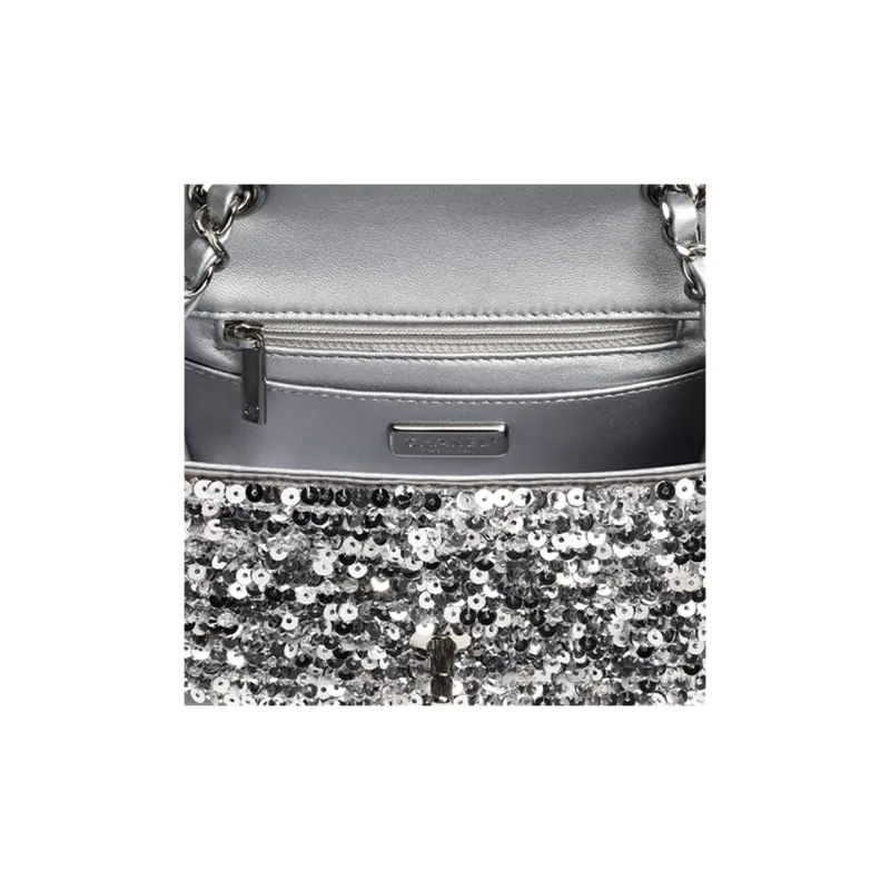 CHANEL Embroidered Satin Sequins Flap Bag, Shoulder Bag, Crossbody Bag Mini Women's Silver-2