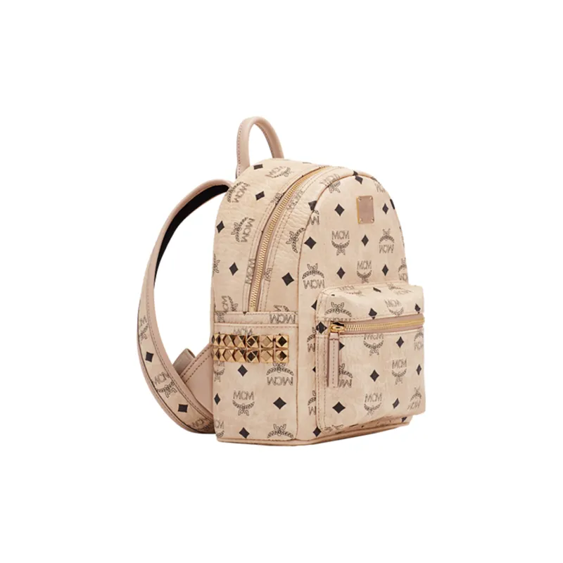 MCM Stark Visetos Artificial Leather Backpack Mini Unisex Beige-1
