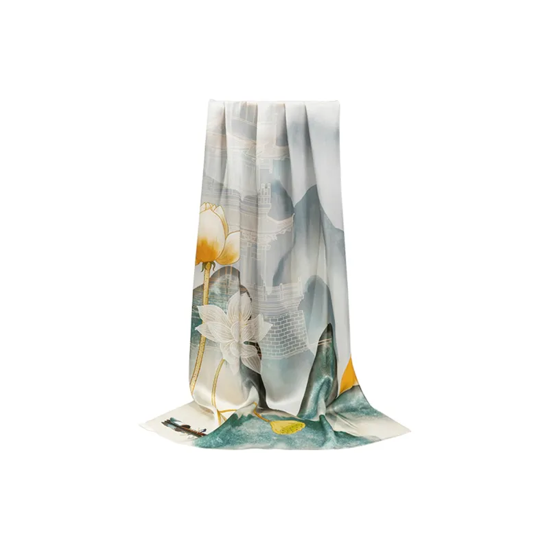 Shanghai Story 100% Mulberry Silk Scarves Women's Lotus Charm, Light Green, Gift Box Set-23