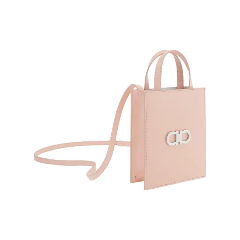 FERRAGAMO GANCINI Palm Calfskin Tote Bag, Shopping Bag, Handbag Mini Women's Pink & Bright White-1