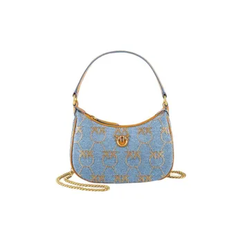 PINKO Half Moon Series Denim Shoulder Bag, Chain Bag, Pochette, Handbag, Crossbody Bag Women's Marine Blue