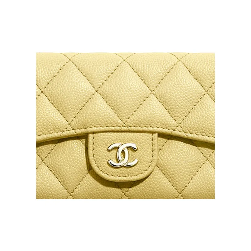 CHANEL Grain Embossed Cow Leather Coin Purse, Wallet, Card Holder Trumpets Women's Yellow-2