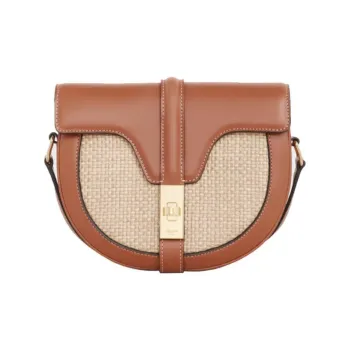 CELINE 16 Fabric Cow Leather Patchwork Handbag Shoulder Bags Small Size Unisex Natural Color & Brown Umber