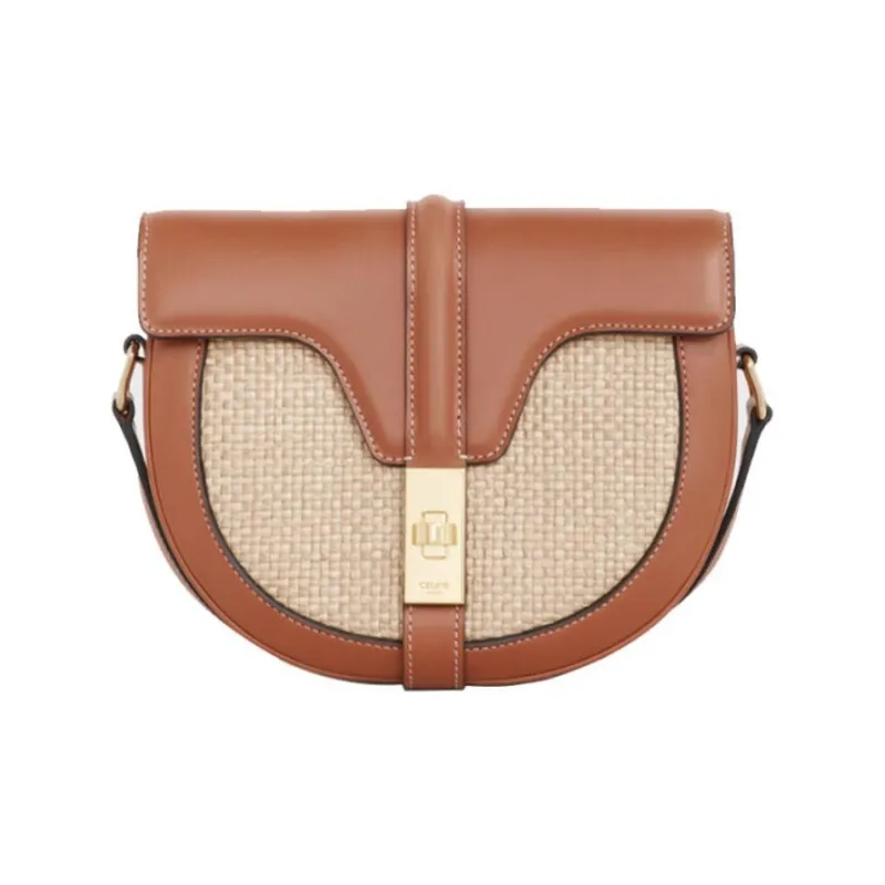 CELINE 16 Fabric Cow Leather Patchwork Handbag Shoulder Bags Small Size Unisex Natural Color & Brown Umber-0