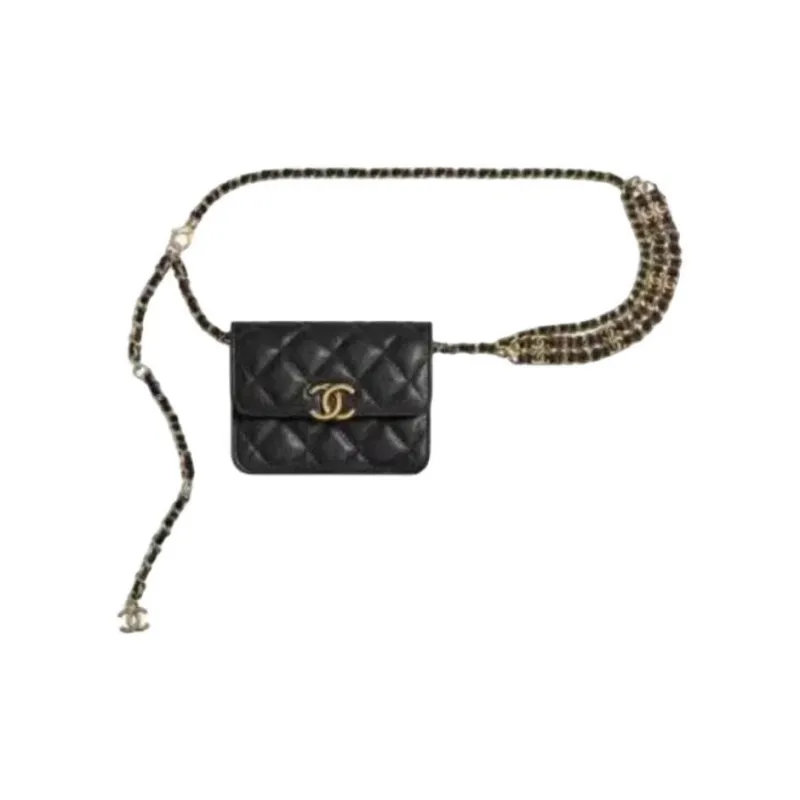CHANEL 22K Autumn And Winter Grain Calfskin Shoulder Bag, Card Holder, Fanny Pack Women's Black-0