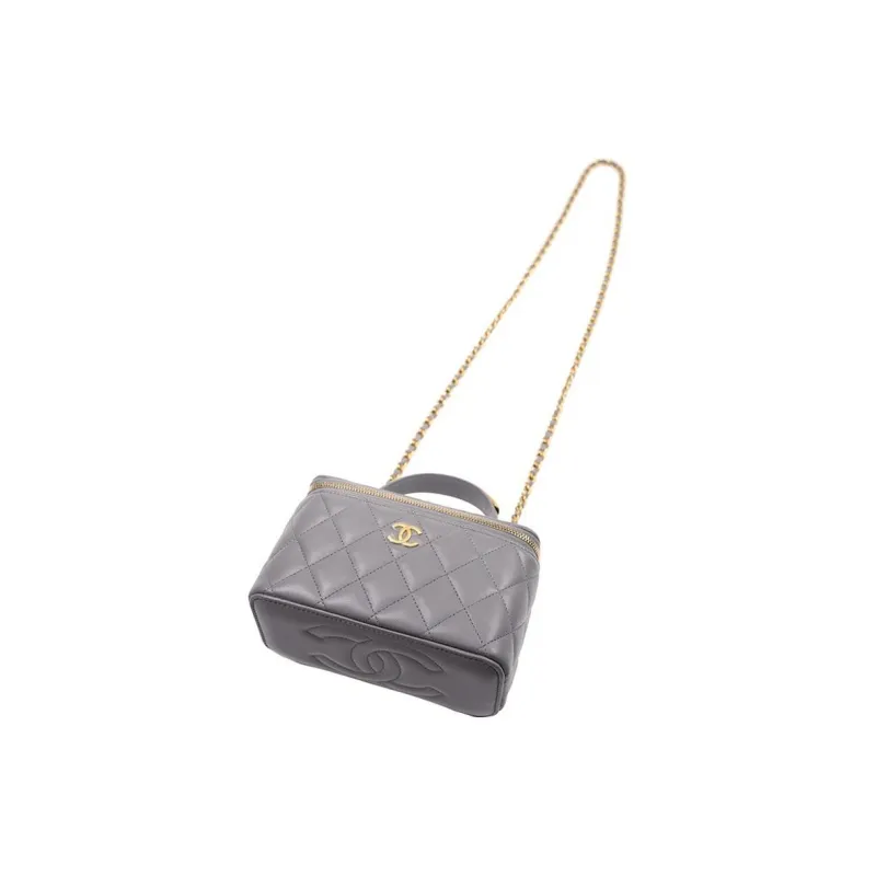 CHANEL Sheepskin Box Bag, Makeup Box, Handbag, Crossbody Bag, Includes Mirror Women's Gray-3