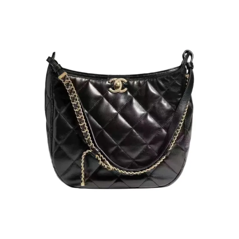 CHANEL Lambskin Hobo Bag, Hippie Bag, Handbag, Shoulder Bag Women's Black-0