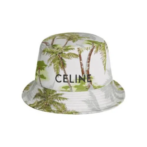 CELINE Embroidery In Ombre Palm Tree Print Cotton Gabardine Bucket Hat With Drawstring