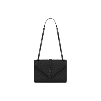 SAINT LAURENT ENVELOPE Quilted Grain Embossed Leather Envelope Bag Shoulder Bag Crossbody Bag Medium Size Women's Black
