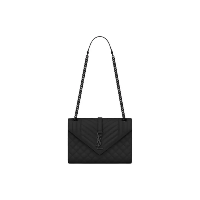 SAINT LAURENT ENVELOPE Quilted Grain Embossed Leather Envelope Bag Shoulder Bag Crossbody Bag Medium Size Women's Black-0