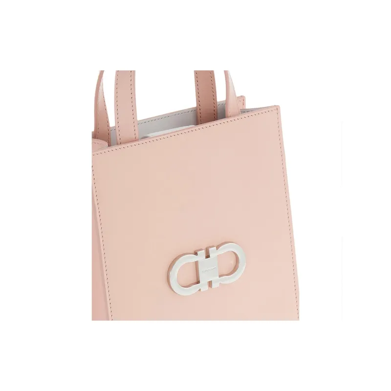 FERRAGAMO GANCINI Palm Calfskin Tote Bag, Shopping Bag, Handbag Mini Women's Pink & Bright White-4