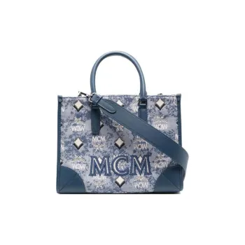 MCM Vintage Monogram Fabric With Leather Tote Bag, Shopping Bag, Shoulder Bag, Handbag Small Size Women's Blue