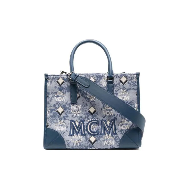 MCM Vintage Monogram Fabric With Leather Tote Bag, Shopping Bag, Shoulder Bag, Handbag Small Size Women's Blue-0