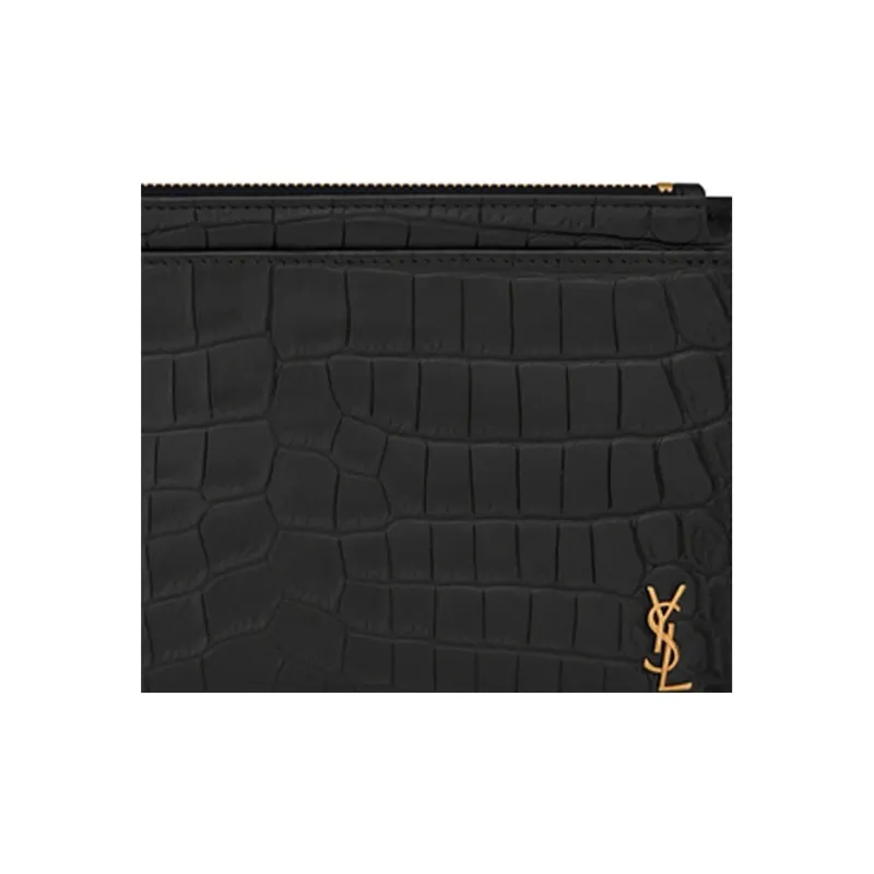 SAINT LAURENT Crocodile Pattern Matte Finish Leather Wallets Clutches Regular Women's Black-5
