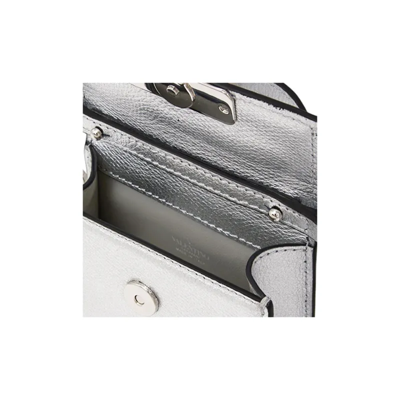Valentino VSLING Grain Cow Leather Shoulder Bag, Crossbody Bag, Handbag Micro Women's Silver-6