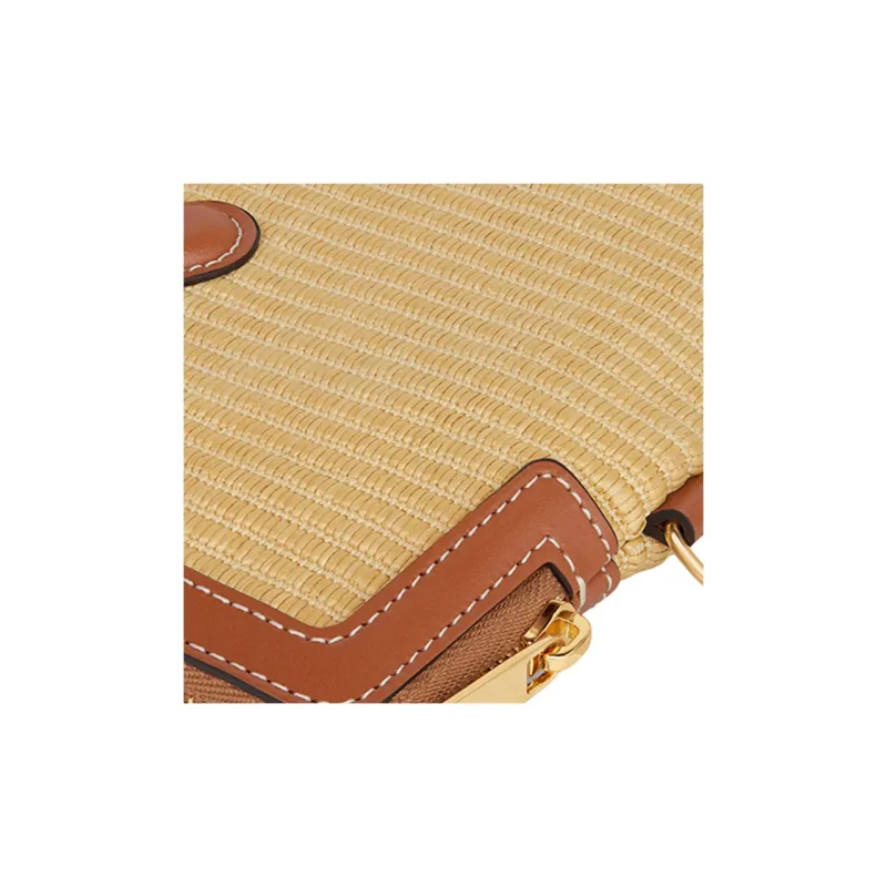 CELINE Plant Material Fabric Cow Leather Patchwork Binding Clutch Small Size Women's Natural Color & Brown Umber-4