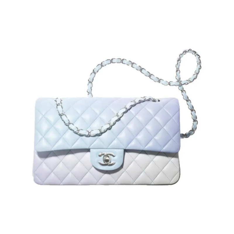 CHANEL Classic Flap CF Lambskin Shoulder Bag, Crossbody Bag Medium Size Women's Gradient Light Blue & Light Purple-0
