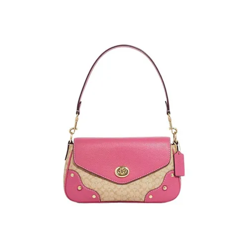 COACH Millie Cow Leather Shoulder Bag Crossbody Bag Large Size Women's Khaki Studded Red