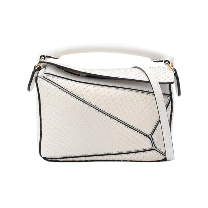 LOEWE Puzzle Snake Skin Puzzle Bag, Shoulder Bag, Crossbody Bag, Handbag Small Size Women's White-0