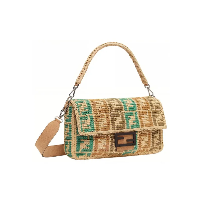 FENDI Raffia Straw Bag Shoulder Bag Crossbody Bag Handbag Large Size Men's Beige Spelled With Multiple Colors-1
