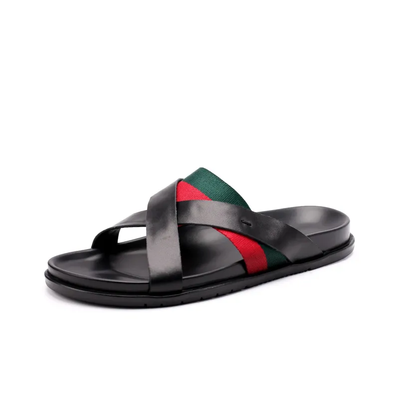 Brounvanm Slip Resistant Slide Slippers Men's Red Green Woven-1