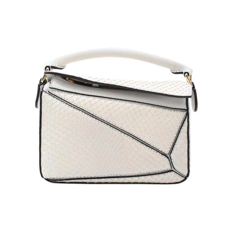 LOEWE Puzzle Snake Skin Puzzle Bag, Shoulder Bag, Crossbody Bag, Handbag Small Size Women's White-1