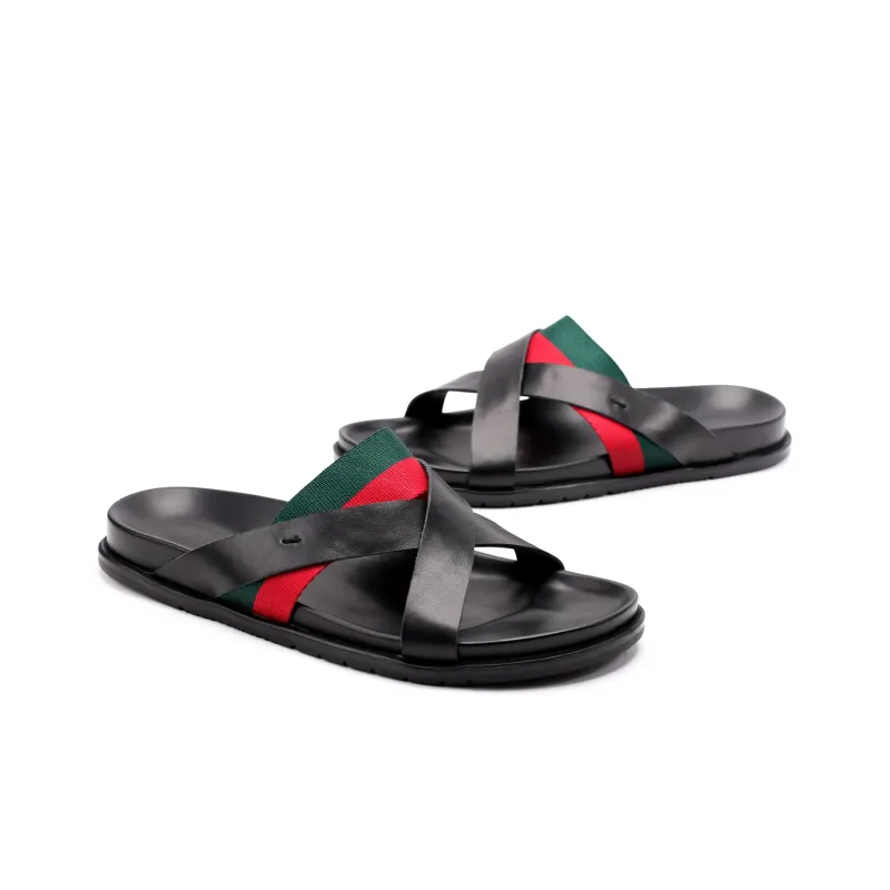 Brounvanm Slip Resistant Slide Slippers Men's Red Green Woven-3
