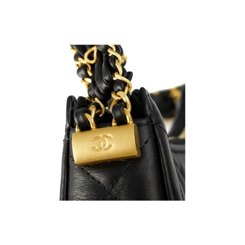 CHANEL Cow Leather Shoulder Bag, Hobo Bag, Handbag Trumpets Women's Black-5