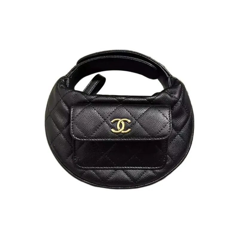 CHANEL Grain Litchi Cow Leather With Caviar Cow Leather Crescent Bag Clutch Handbag Mini Women's Black-0