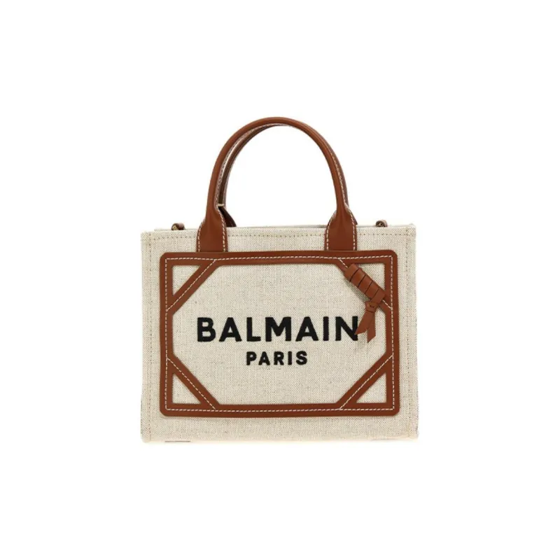BALMAIN B ARMY Cotton With Calfskin Shoulder Bag, Crossbody Bag, Handbag Small Size Women's Natural/Brown-0