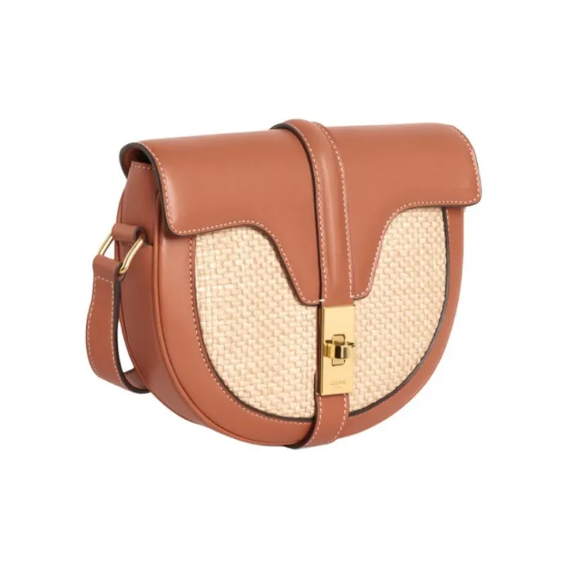 CELINE 16 Fabric Cow Leather Patchwork Handbag Shoulder Bags Small Size Unisex Natural Color & Brown Umber-2