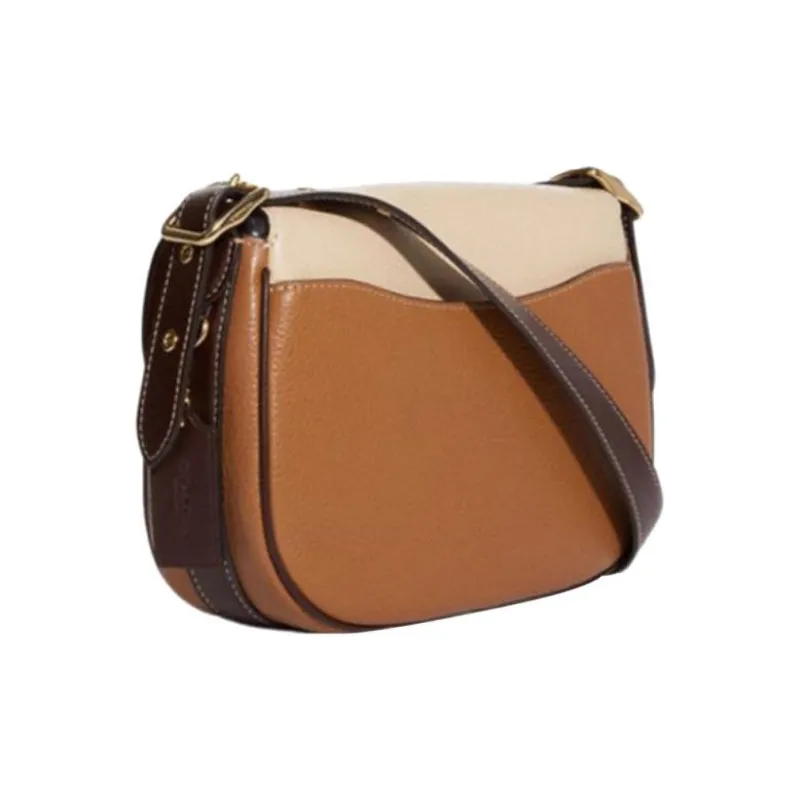 COACH Macie Cow Leather Saddle Bag, Shoulder Bag, Crossbody Bag Medium Size Women's Ivory White & Light Saddle Brown-1