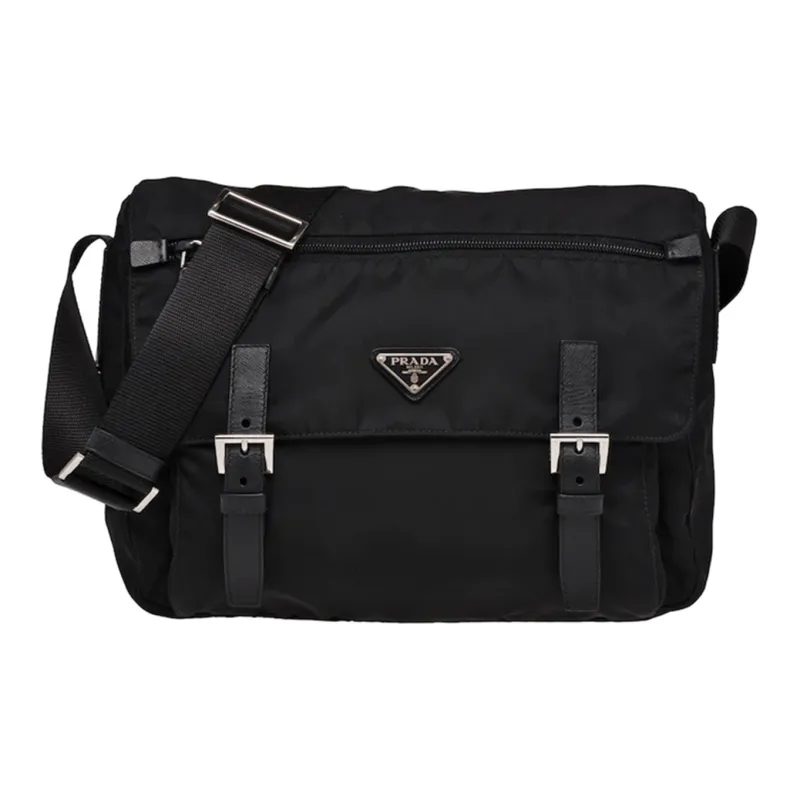 PRADA Fabric With Leather Messenger Bag Shoulder Bag Crossbody Bag Regular Women's Black-0
