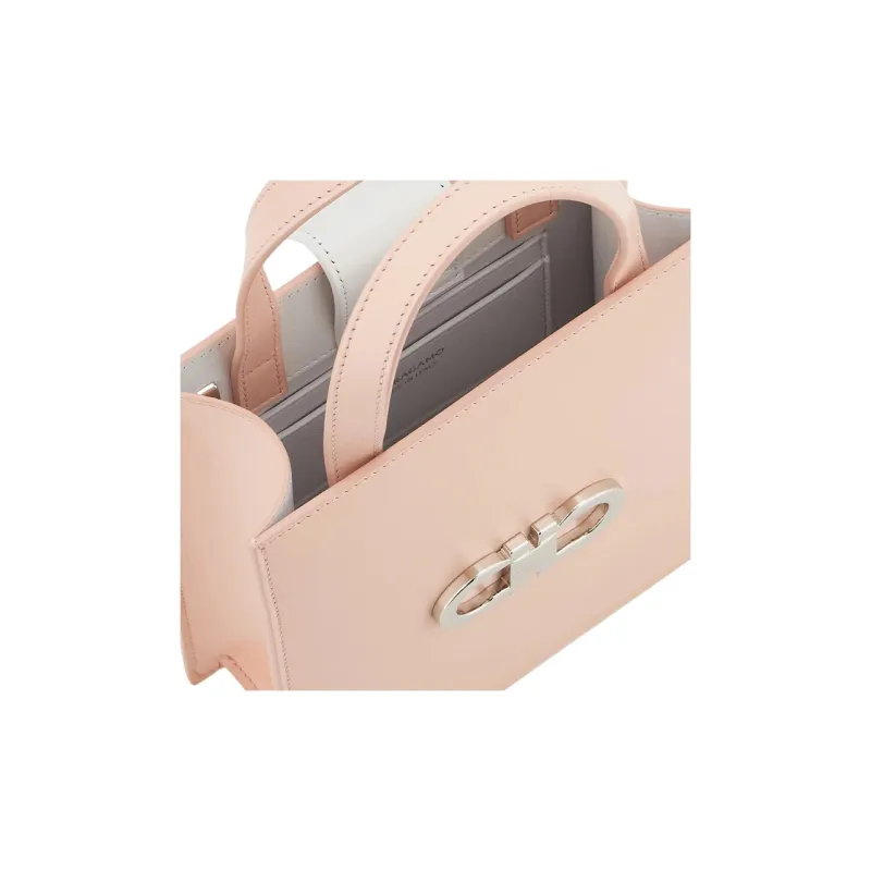 FERRAGAMO GANCINI Palm Calfskin Tote Bag, Shopping Bag, Handbag Mini Women's Pink & Bright White-5
