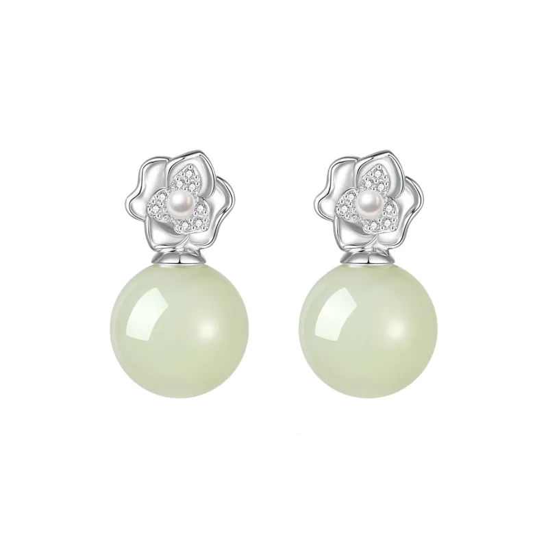 ZEGL Hetian Jade Earrings Women's Pale Greenish White Jade-0