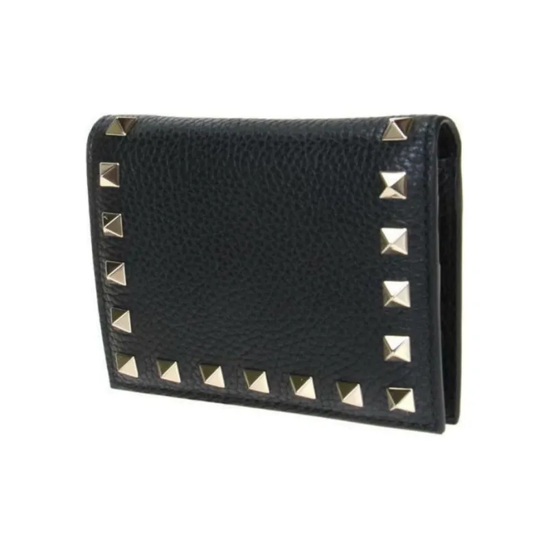 Valentino GARAVANI Calfskin Patchwork Leather Coin Purses Wallets Women's Black-2