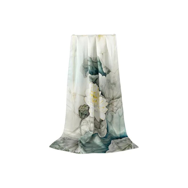 Shanghai Story 100% Mulberry Silk Scarves Women's Lotus Charm, Light Green, Gift Box Set-20